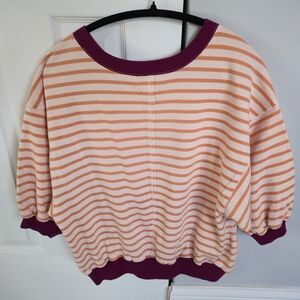 Anthropologie Peach and Cream Striped Tee with Purple Accents